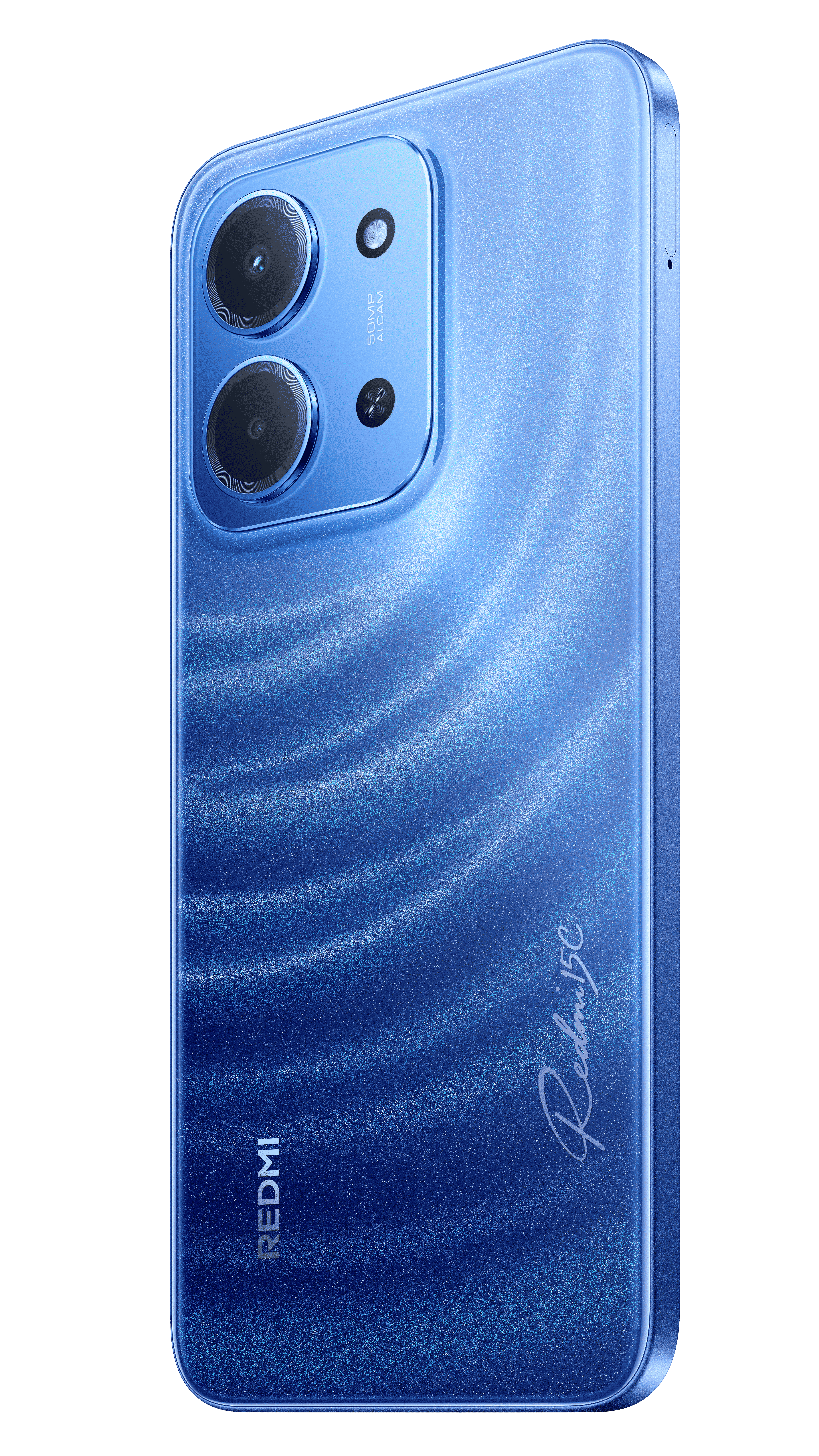 Siyah arka plan üzerinde mavi Redmi 5C akıllı telefon. Çift kamera ve parlak dokulu bir yüzeye sahip.