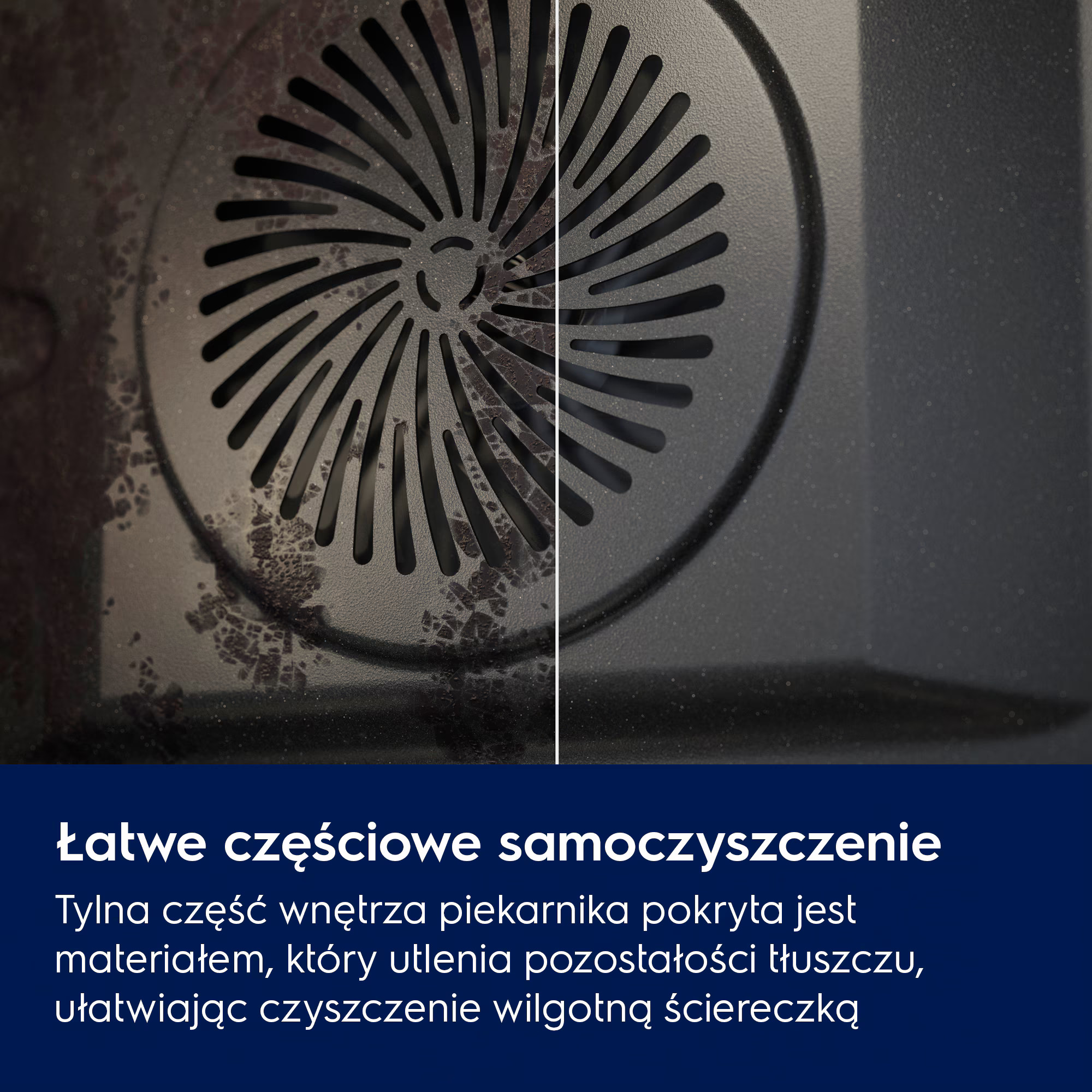 Wnętrze piekarnika, w połowie czyste, w połowie brudne. Wentylator w kształcie wachlarza jest na środku. Tekst na dole opisuje łatwe samoczyszczenie.