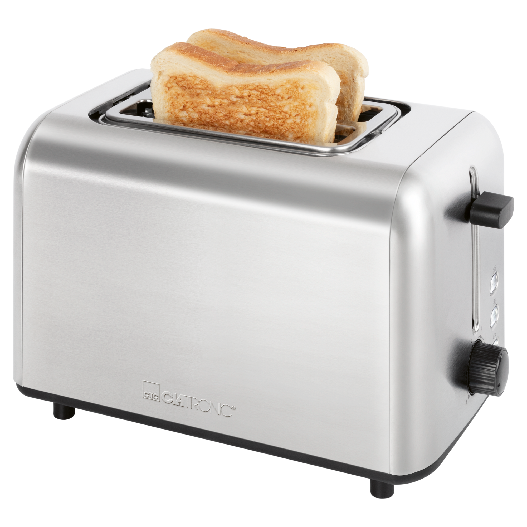 Ein Toaster aus Edelstahl mit zwei Toastscheiben. Er hat einen schwarzen Drehknopf und Hebel.