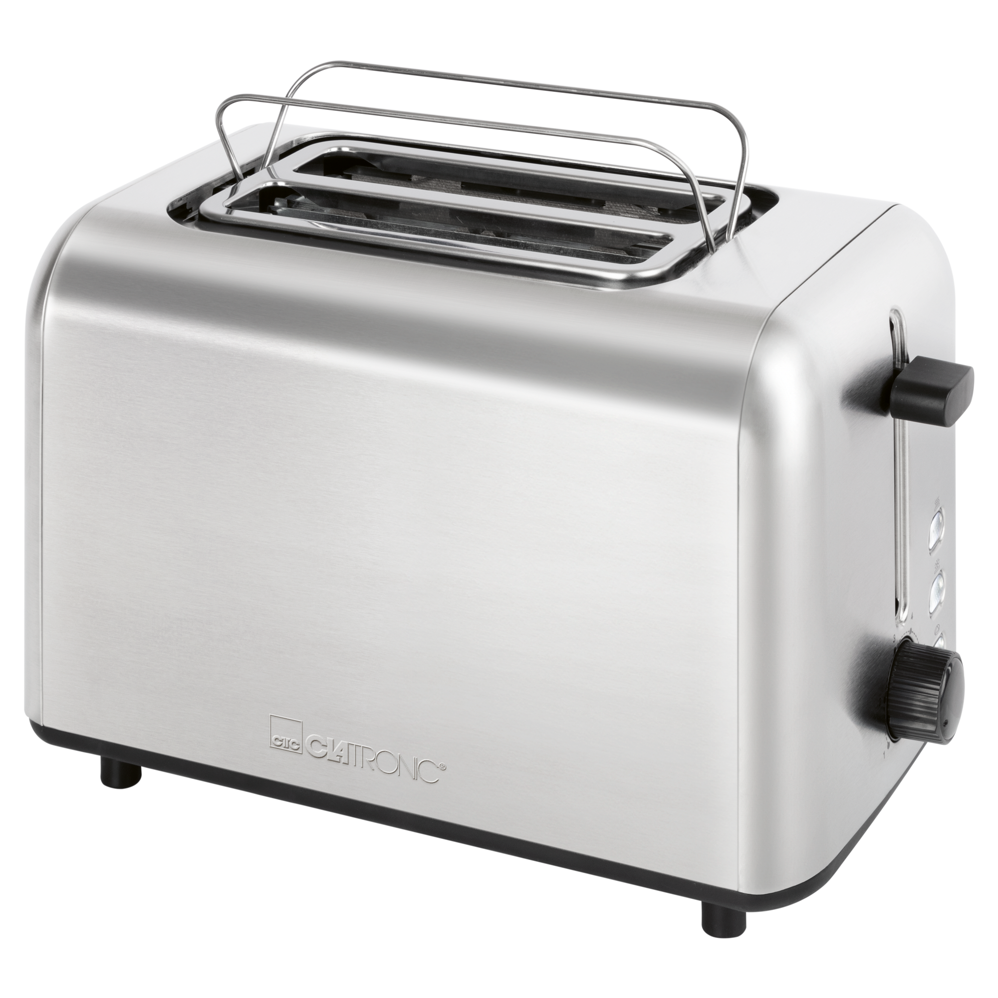 Ein Edelstahl-Toaster mit schwarzem Sockel und Bedienelementen. Er hat einen Hebel, einen Knopf und Schlitze für Brot.
