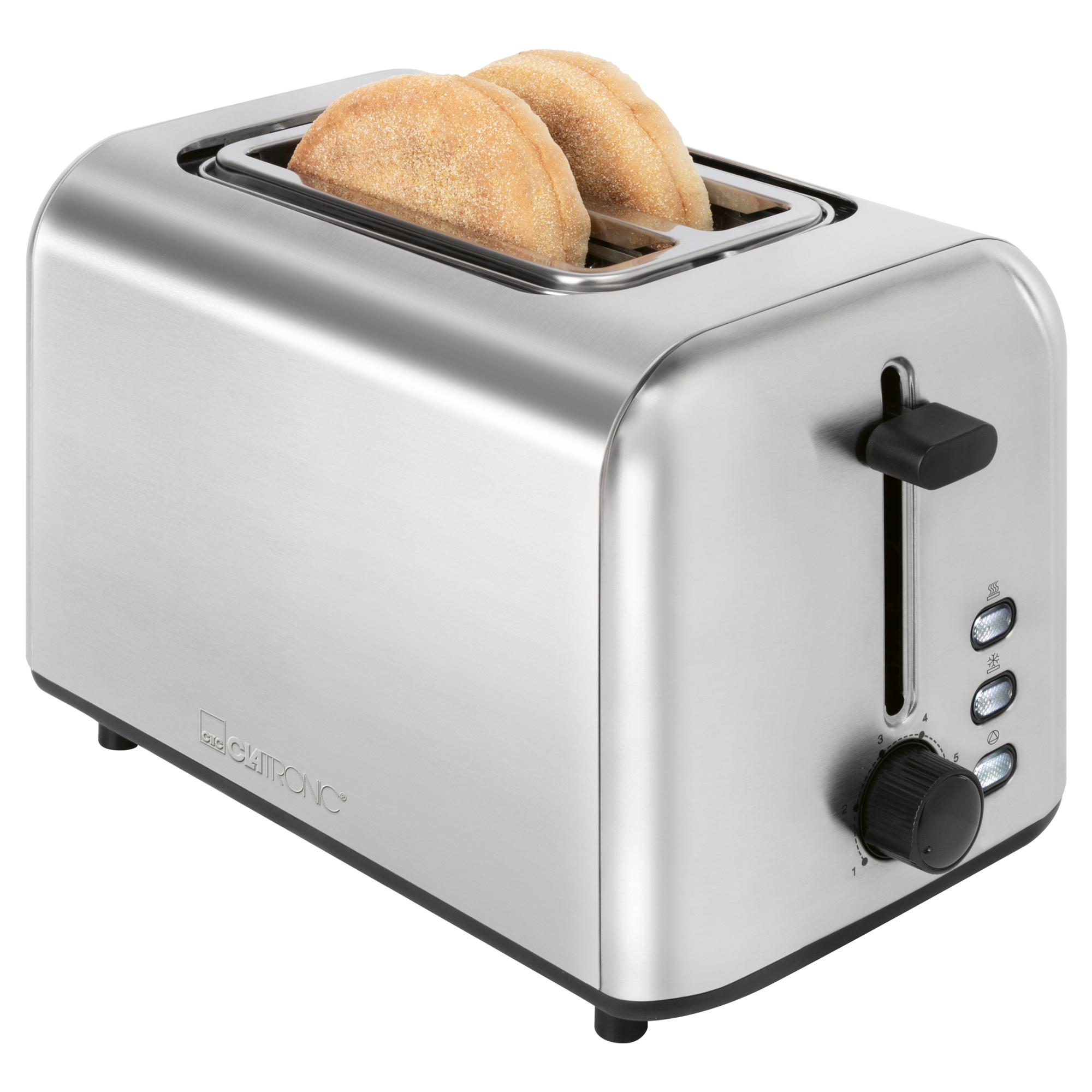 Ein Edelstahl-Toaster mit zwei Brotscheiben. Er hat einen Knopf und Tasten für verschiedene Einstellungen.