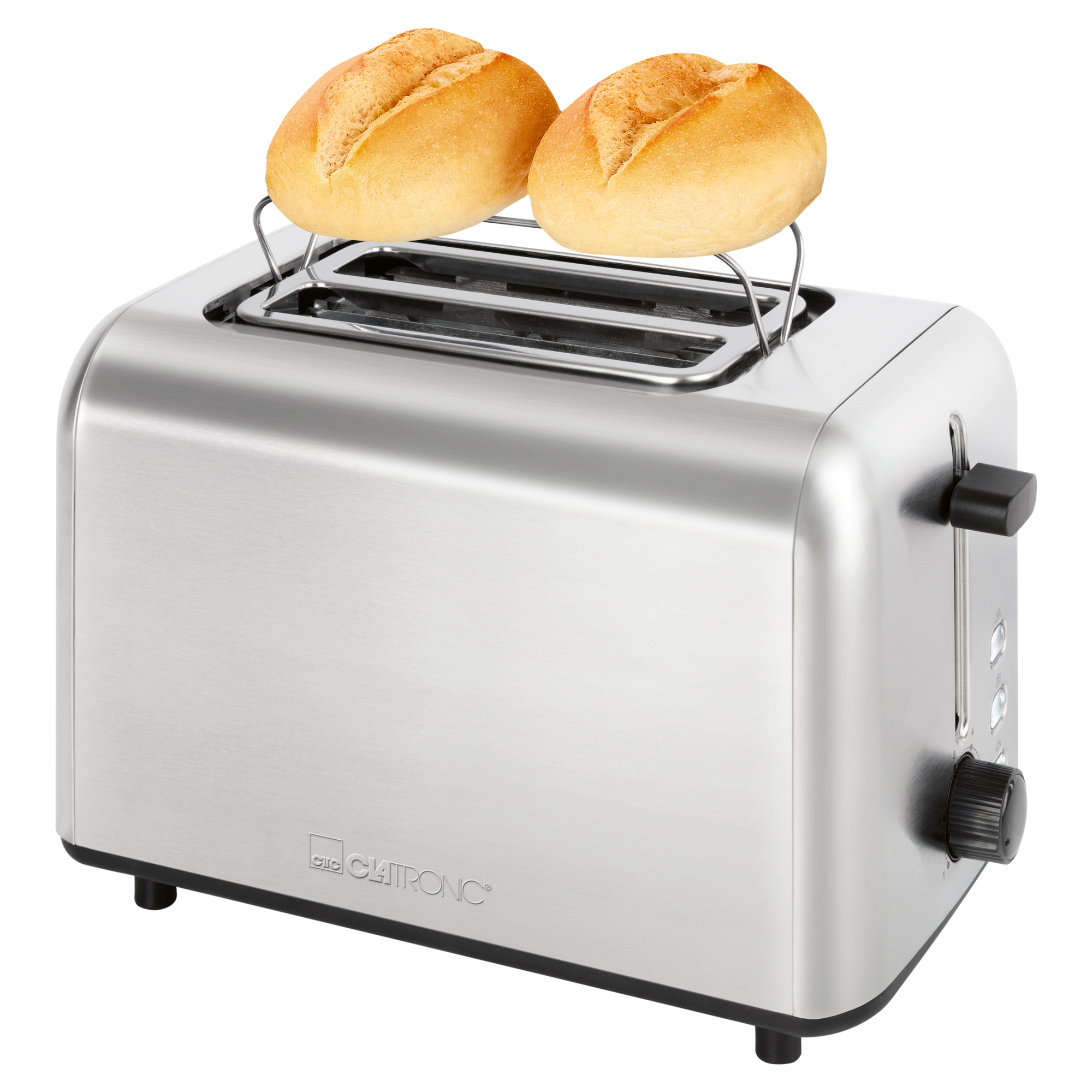 Ein Toaster aus Edelstahl mit zwei goldbraunen Brötchen oben. Er hat einen schwarzen Hebel und einen Knopf zur Einstellung des Bräunungsgrades.