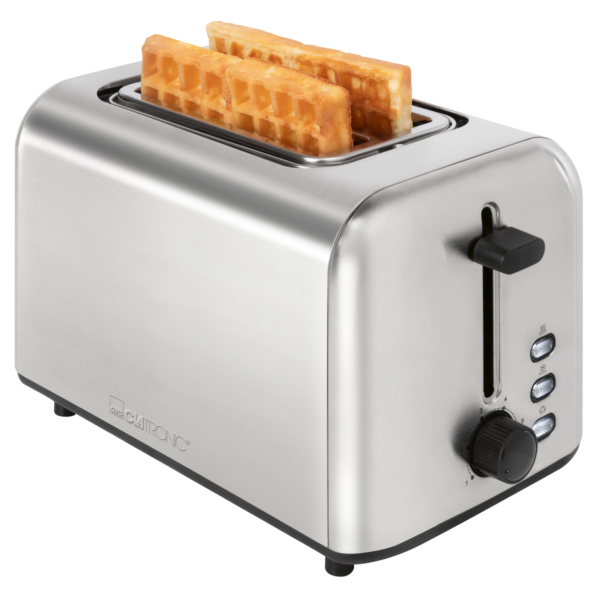 Ein verchromter Toaster mit Waffeln darin. Auf der Seite befinden sich ein schwarzer Hebel und ein Einstellrad. Die Waffeln sind goldbraun.