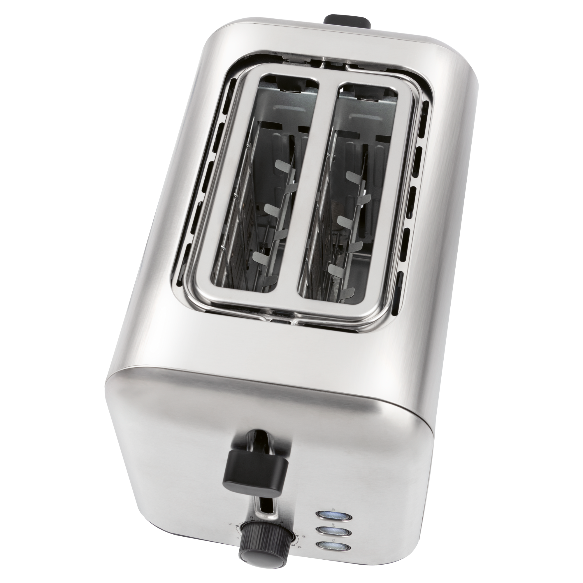 Ein Toaster aus Edelstahl mit zwei Schlitzen. Er hat einen schwarzen Hebel und einen Drehregler mit Zahlen. Der Hintergrund ist weiß.
