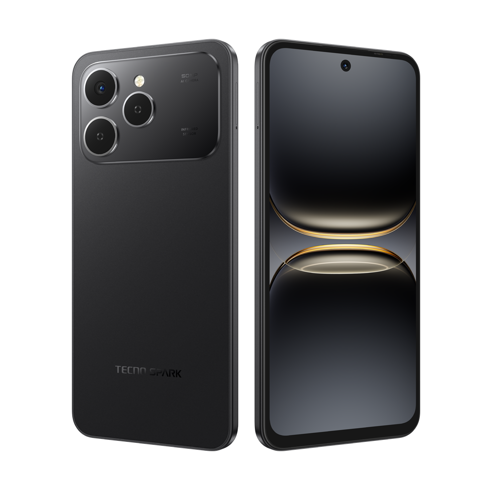 Siyah Tecno Spark akıllı telefon, arka tarafında kameralar ve ön ekranı gösteriyor. Koyu ekranlı şık bir tasarım.