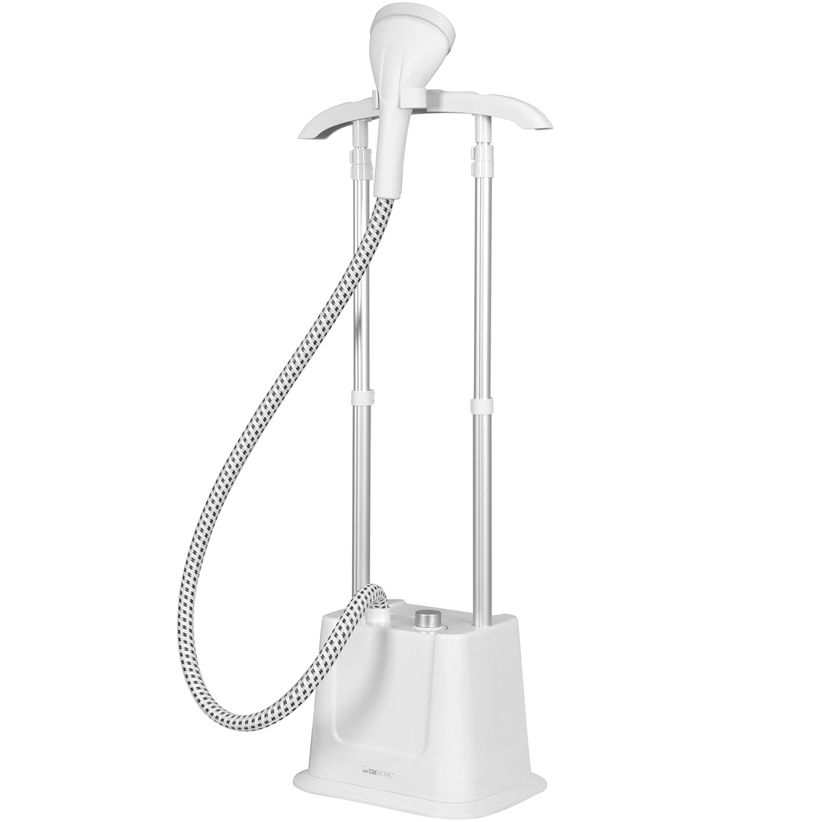 Ein weißer Kleidungsdampfer mit Aufhänger, gemustertem Schlauch und zwei Stützstangen auf weißem Hintergrund. Die Marke ist 'Ciatronic'.