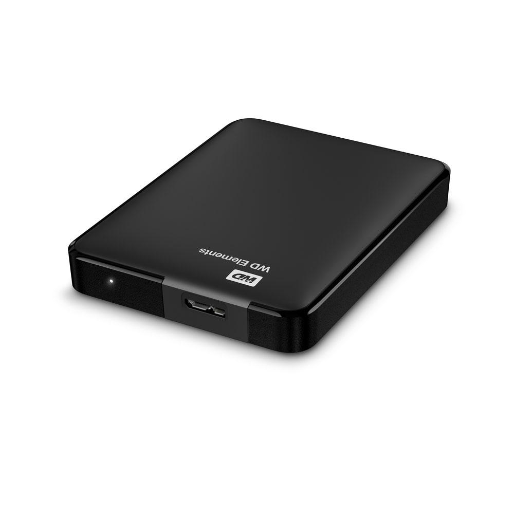 Eine schwarze WD Elements externe Festplatte auf weißem Untergrund. Sie hat einen USB-Anschluss und eine Betriebsanzeige.