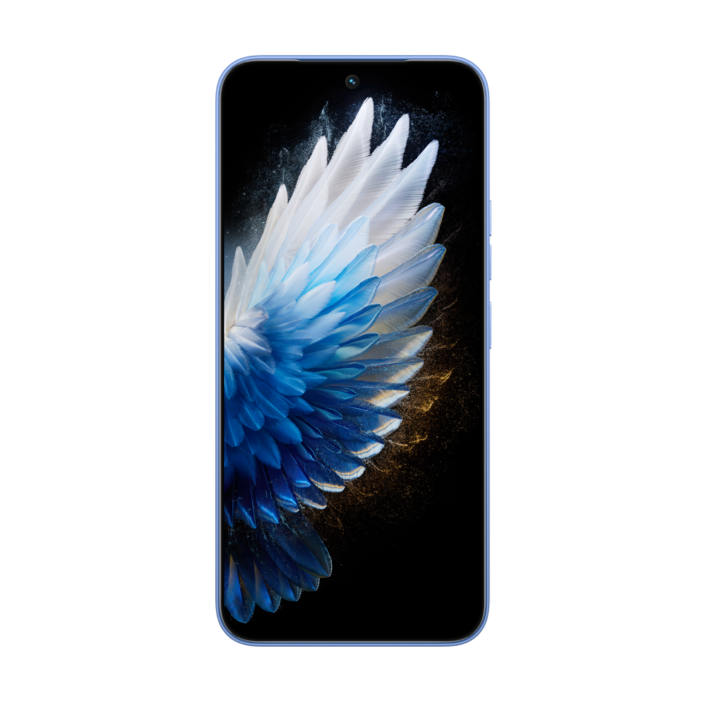 Mavi bir akıllı telefon, altın parçacıklarla siyah bir arka plan üzerinde mavi ve beyaz tüylerden yapılmış bir kanat sergiliyor.