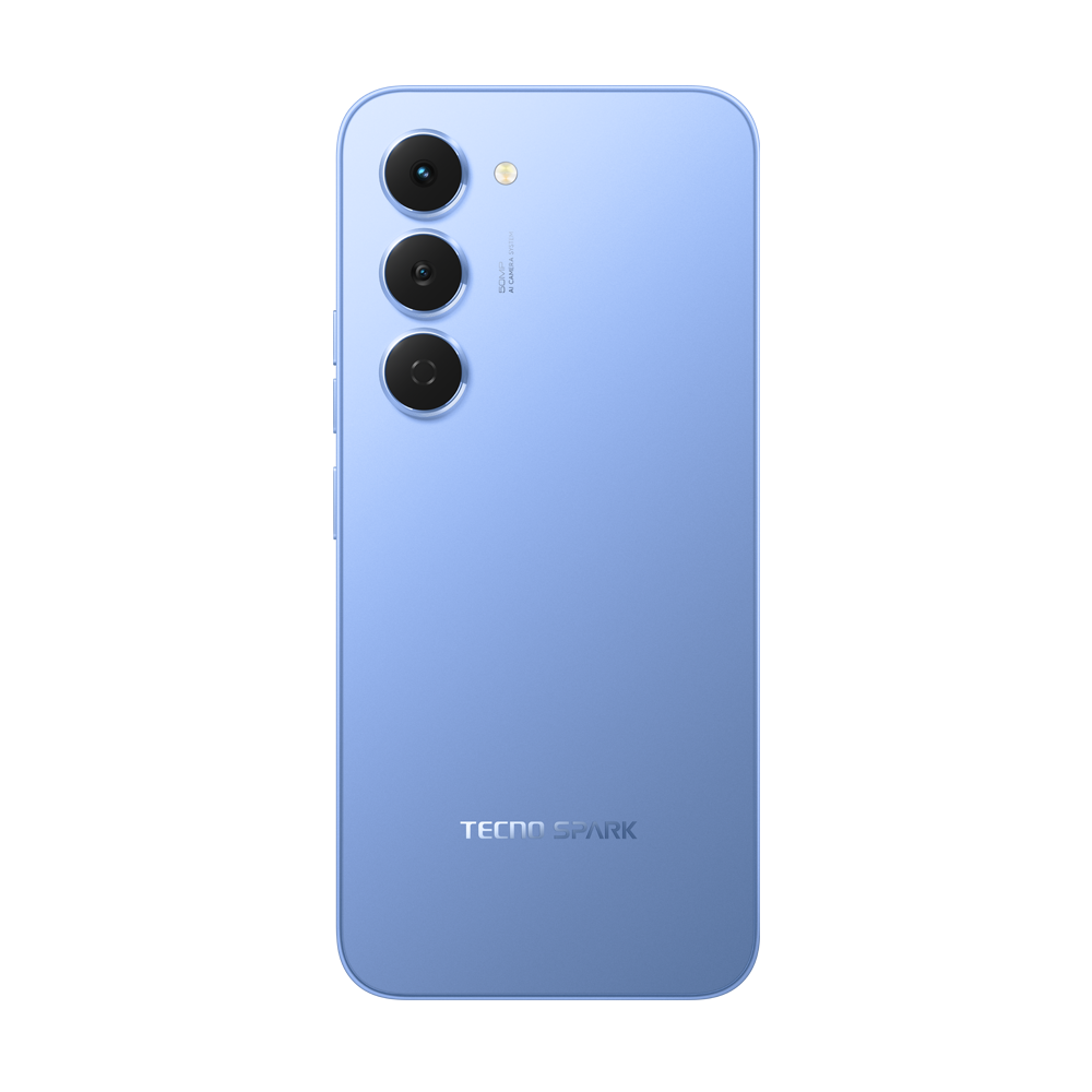 Üç kamerası, flaşı ve "TECNO SPARK" logosu olan açık mavi bir akıllı telefonun arka yüzü.