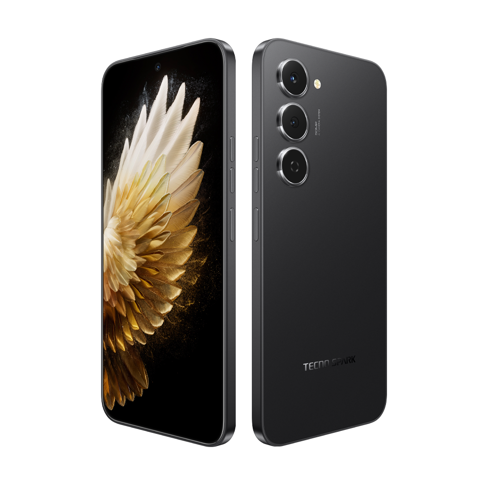 Altın tüy tasarımlı ekrana sahip siyah bir akıllı telefon ve telefonun arkasında üç kamera ve TECNO SPARK logosu.