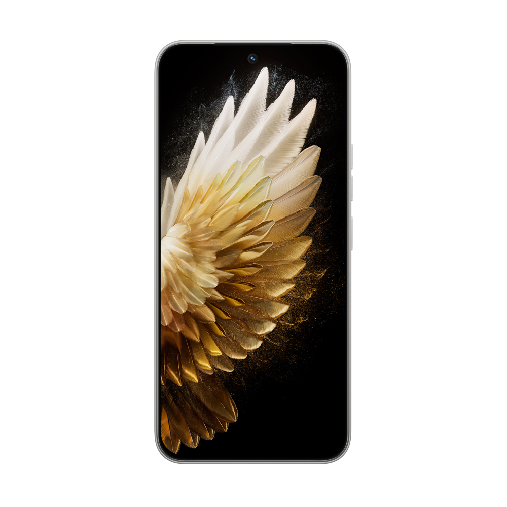 Akıllı telefon ekranında siyah arka plan üzerinde altın kanat tasarımı görülüyor. Telefonun gümüş çerçevesi ve kamerası var.