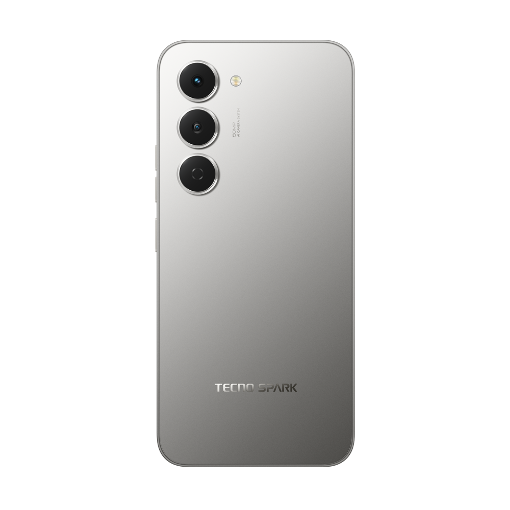 Dikey olarak düzenlenmiş üç kamera lensi olan gümüş bir akıllı telefonun arkası. Altta 'TECNO SPARK' marka adı.
