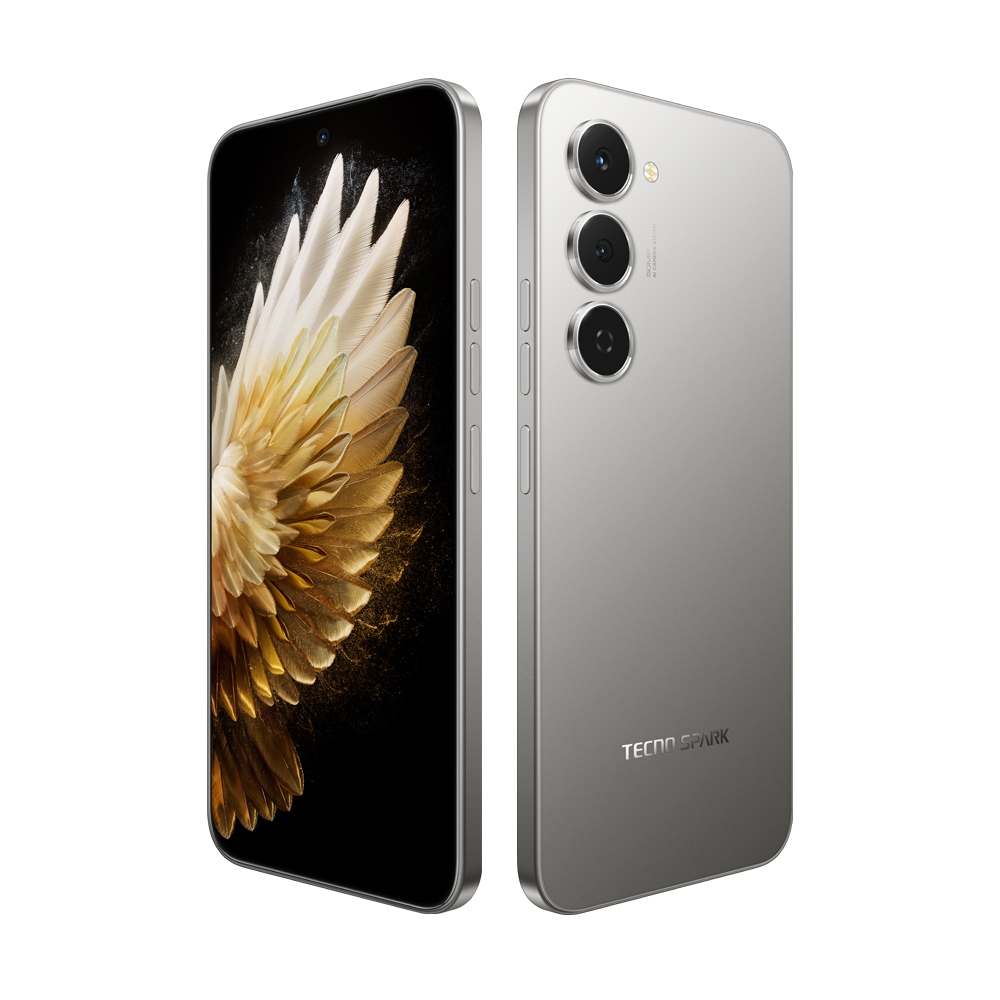 Gümüş renkli bir Tecno Spark telefon, altın kanat tasarımlı ekranı ve kameralı arka yüzüyle gösteriliyor.