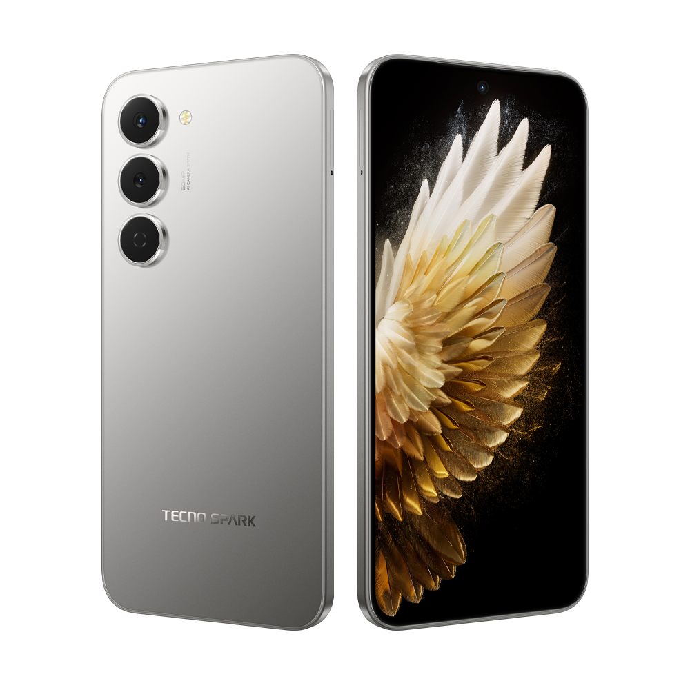 Gümüş renkli bir Tecno Spark akıllı telefon. Arkada kamera ve logo görülüyor. Ekran, tüy deseni gösteriyor.