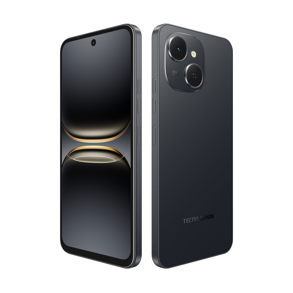 Arkada çift kamera kurulumu ve önde büyük ekran bulunan, TECNO SPARK markalı, koyu gri bir akıllı telefon.