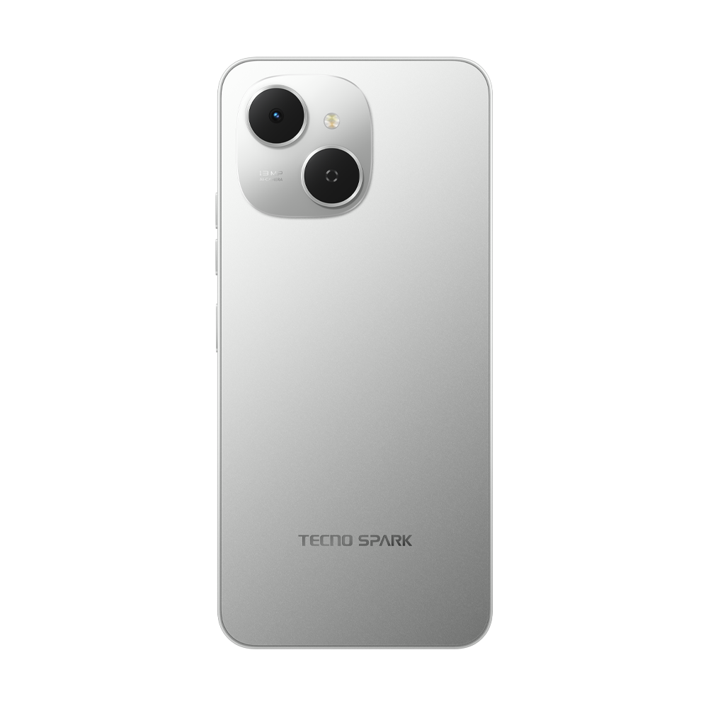 Gümüş renkli Tecno Spark akıllı telefonun arkası. Kamera lensleri, flaş ve marka adı bulunur. Temiz, minimalist tasarım.