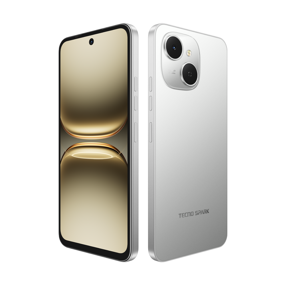 Altın ekranlı gümüş bir akıllı telefon. Arkada iki kamera ve TECNO SPARK marka adı görülüyor. Telefon dik duruyor.