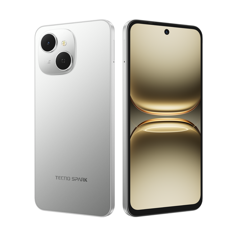 Gümüş renkli bir Tecno Spark akıllı telefon, arka ve ön görünüm. Arkada çift kamera ve marka adı var. Önde altın renkli bir ekran var.