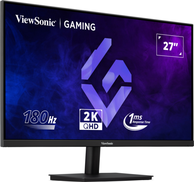 ViewSonic oyun monitörü. Siyah çerçeve, 27 inç ekran. Özellikler: 180Hz, 2K QHD ve 1ms tepki süresi.