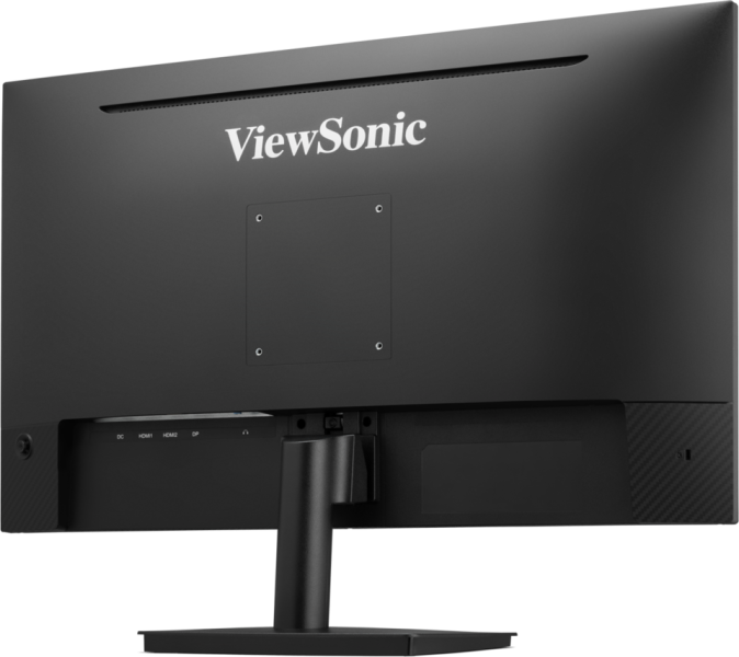 Siyah bir ViewSonic monitörün arkası. Stand, bağlantı noktaları ve ViewSonic logosu görülebilir. Monitör beyaz bir arka plan üzerinde.