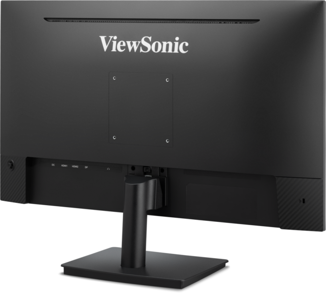 Siyah bir ViewSonic monitörün arkadan görünümü. Bir standı, bağlantı noktaları ve bir montaj braketi vardır. ViewSonic logosu görünür.