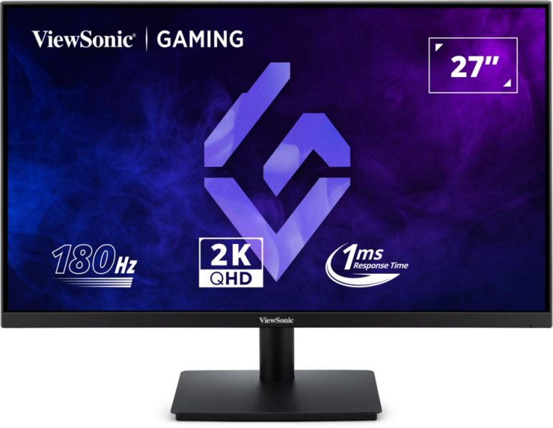Bir ViewSonic 27" oyun monitörü. Özellikleri: 180Hz, 2K QHD ve 1ms tepki süresi. Siyah bir standı ve çerçevesi var.