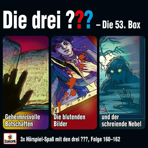 Cover der Die drei ??? Box. Drei Tafeln zeigen eine Hand über einem Buch, eine Person mit Blut, eine neblige Figur. Text auf Deutsch.