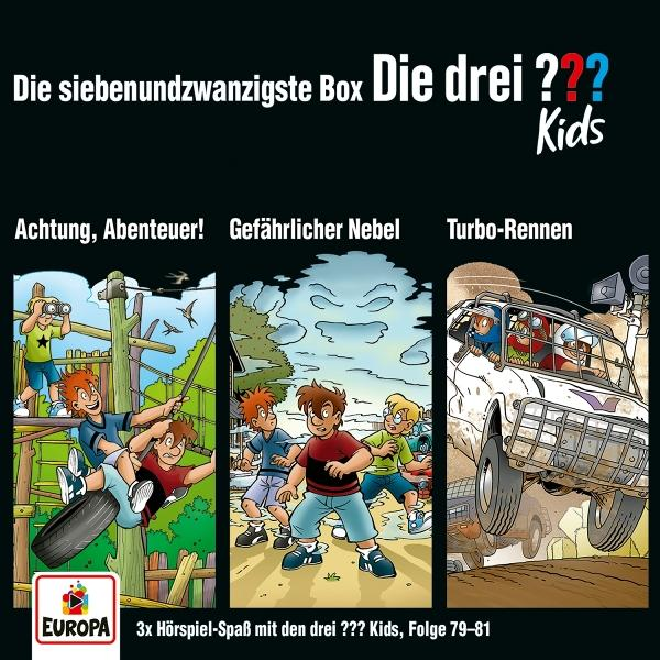 Cartoonbild der 'Die drei ??? Kids' Box. Szenen zeigen Kinder in Abenteuern: Schaukeln, Nebelgebiet und Autofahren. Text auf Deutsch.