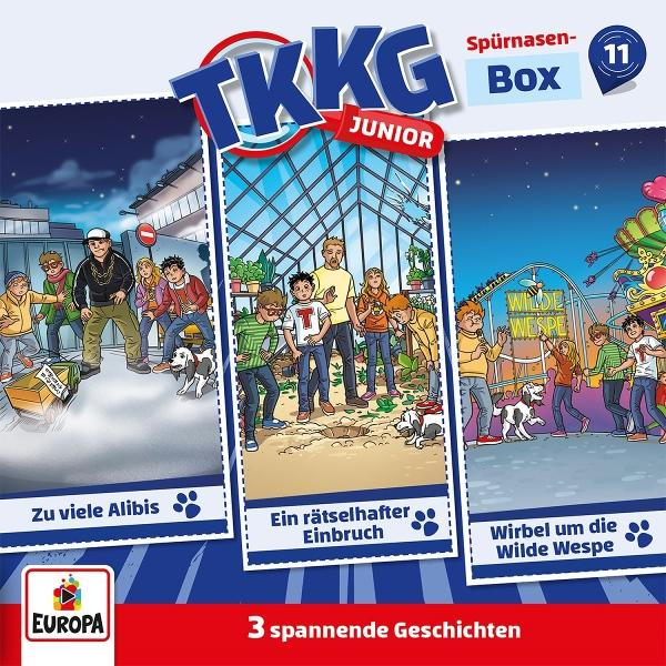 Titelbild für TKKG Junior Box 11. Zeigt drei Panels mit Illustrationen von Kindern, einem Hund und verschiedenen Schauplätzen und Text.