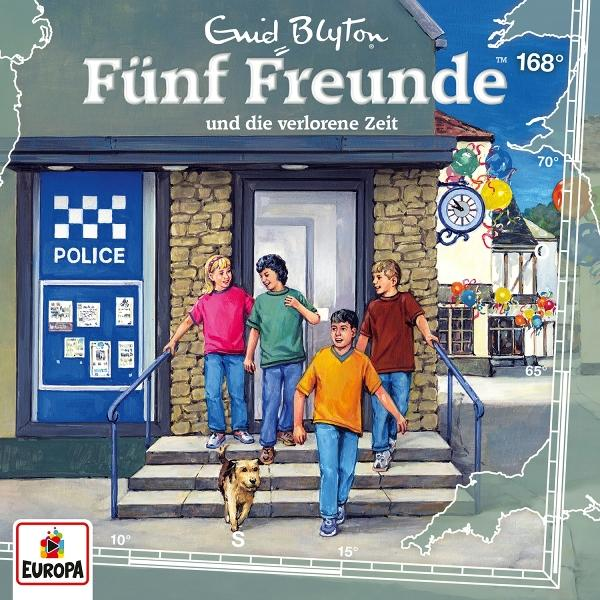 Illustration von fünf Kindern und einem Hund vor einer Polizeistation, mit Kartenangaben im Hintergrund.