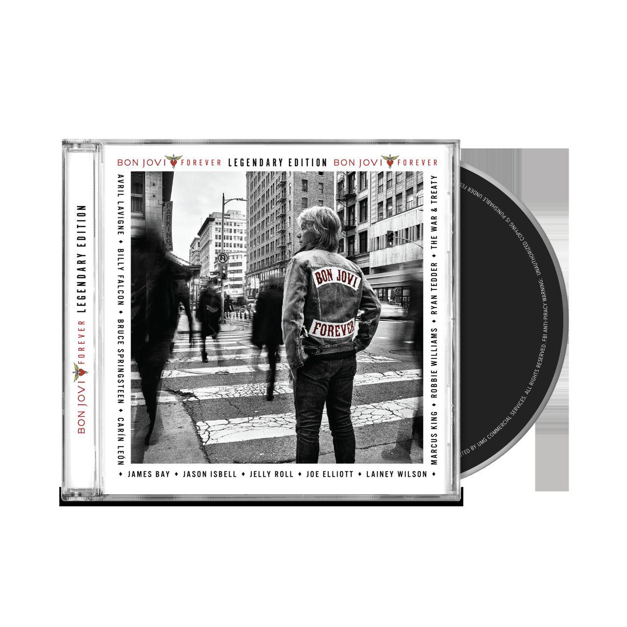 CD-Cover von Bon Jovi Forever, Legendary Edition. Ein Mann in einer Jacke steht vor einer Stadtkulisse. Menschen sind verschwommen.