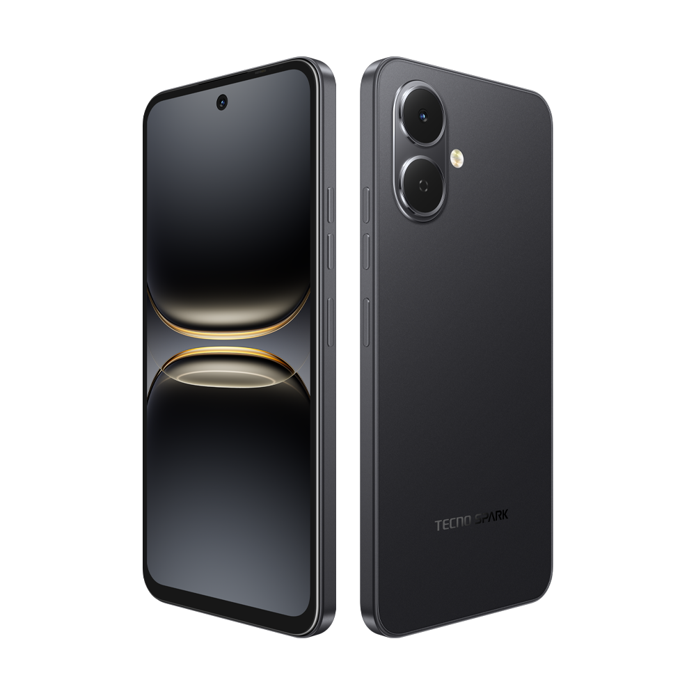 İki siyah akıllı telefon, biri kavisli ekranlı, diğeri kameralı. 'TECNO SPARK' markası görünür.