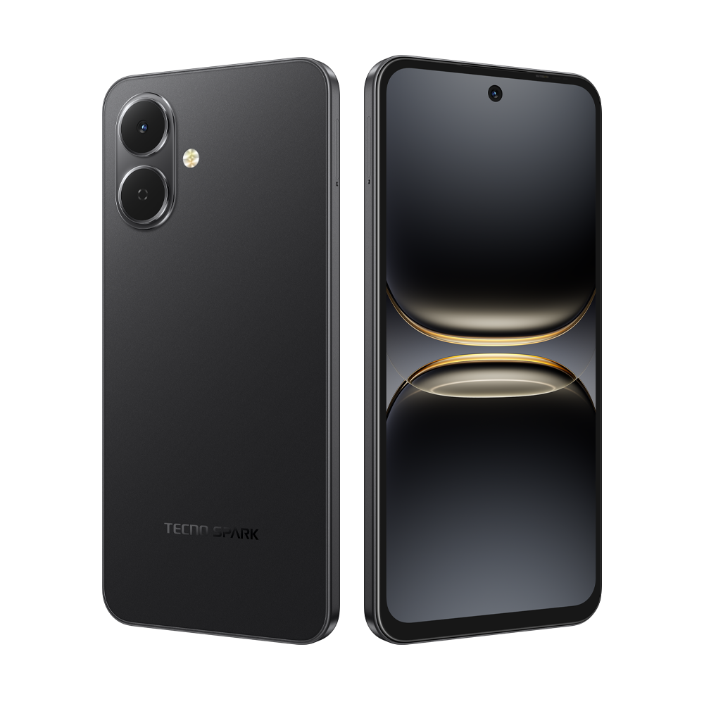 İki siyah akıllı telefon. Biri kameralarla arkasını, diğeri ekranı gösteriyor. TECNO SPARK markası görünür durumda.