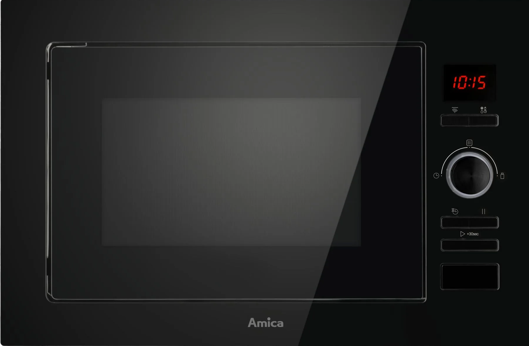 Czarna kuchenka mikrofalowa z cyfrowym wyświetlaczem 10:15. Posiada panel sterowania z przyciskami i pokrętłem.