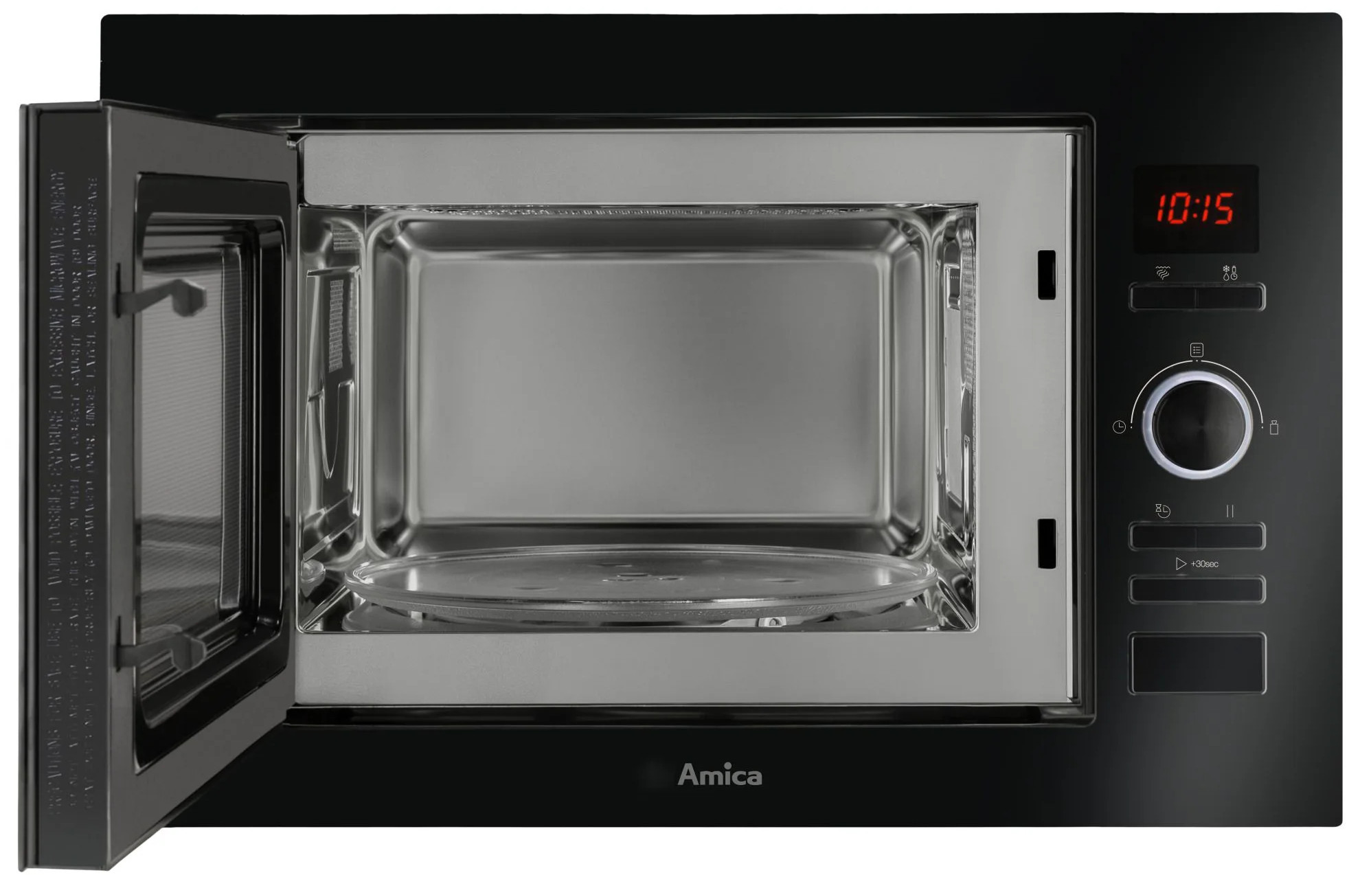Otwarta kuchenka mikrofalowa ze szklanym talerzem w środku. Wyświetlacz czasu pokazuje 10:15. Czarny panel sterowania z przyciskami i pokrętłem.