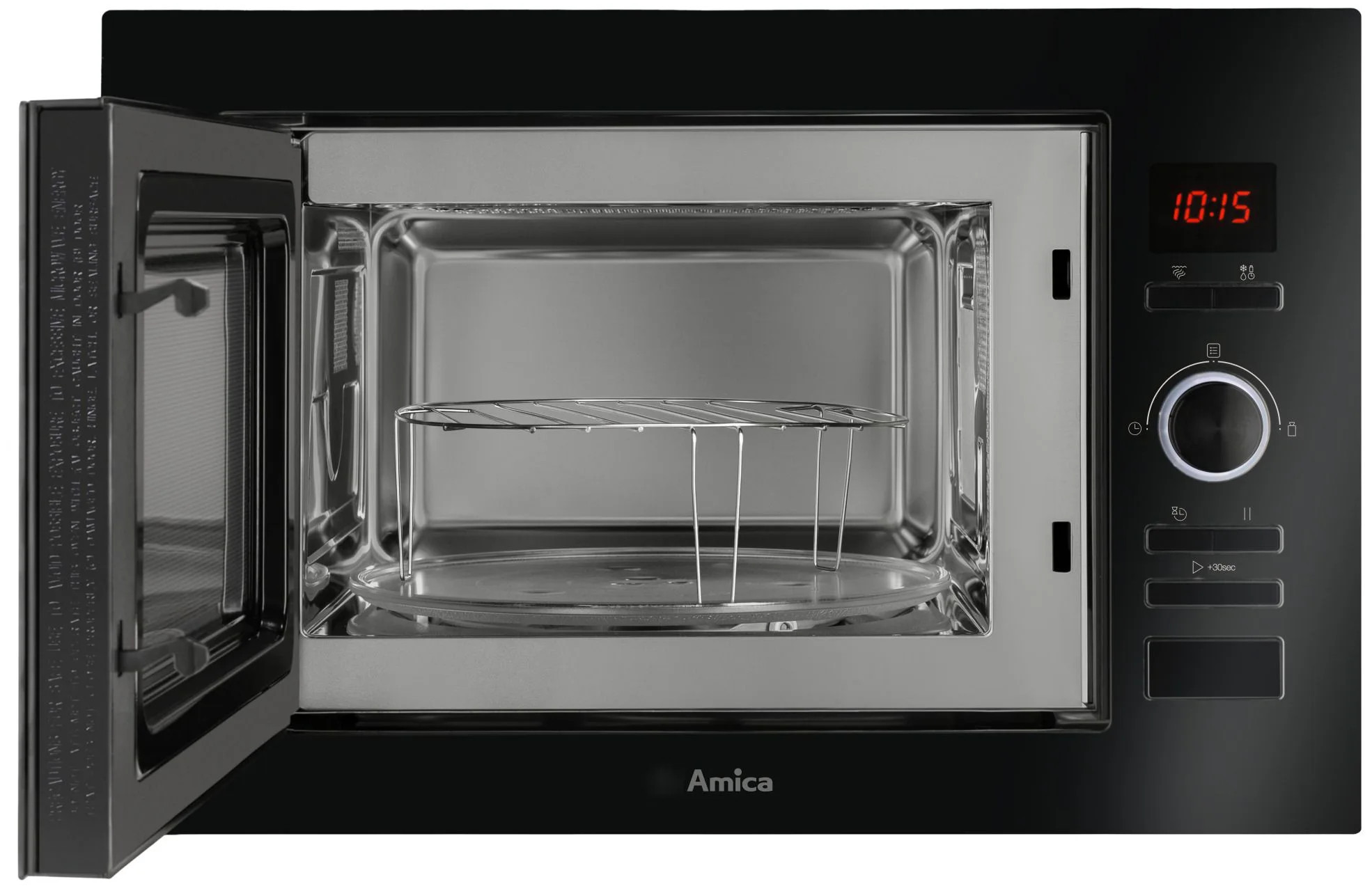 Czarny piekarnik mikrofalowy z otwartymi drzwiami, pokazujący wnętrze ze szklaną płytą i metalowym rusztem. Zegar cyfrowy wskazuje 10:15.