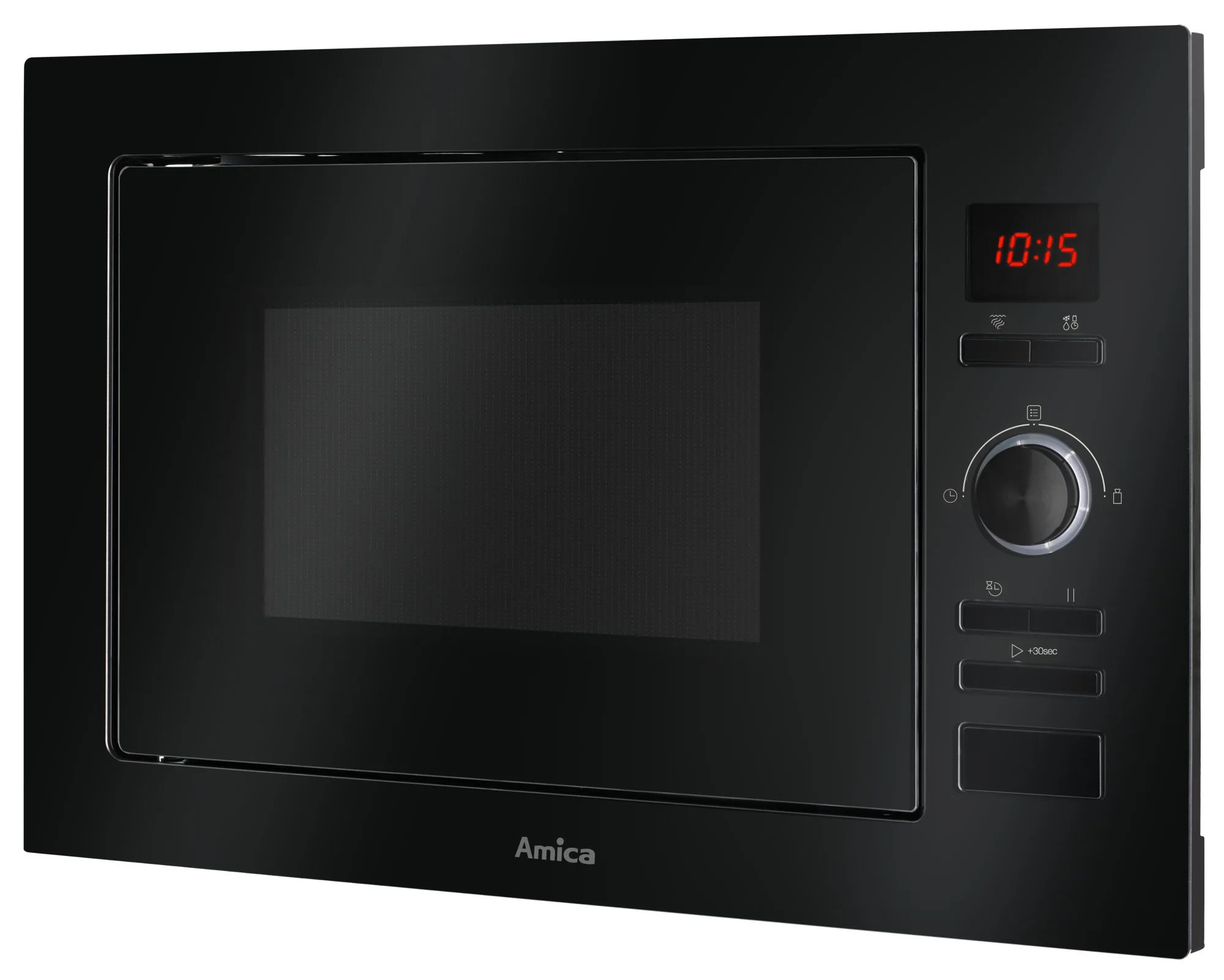 Czarny piekarnik mikrofalowy z cyfrowym wyświetlaczem pokazującym 10:15. Kontrolki to przyciski i pokrętło. Marka to Amica.