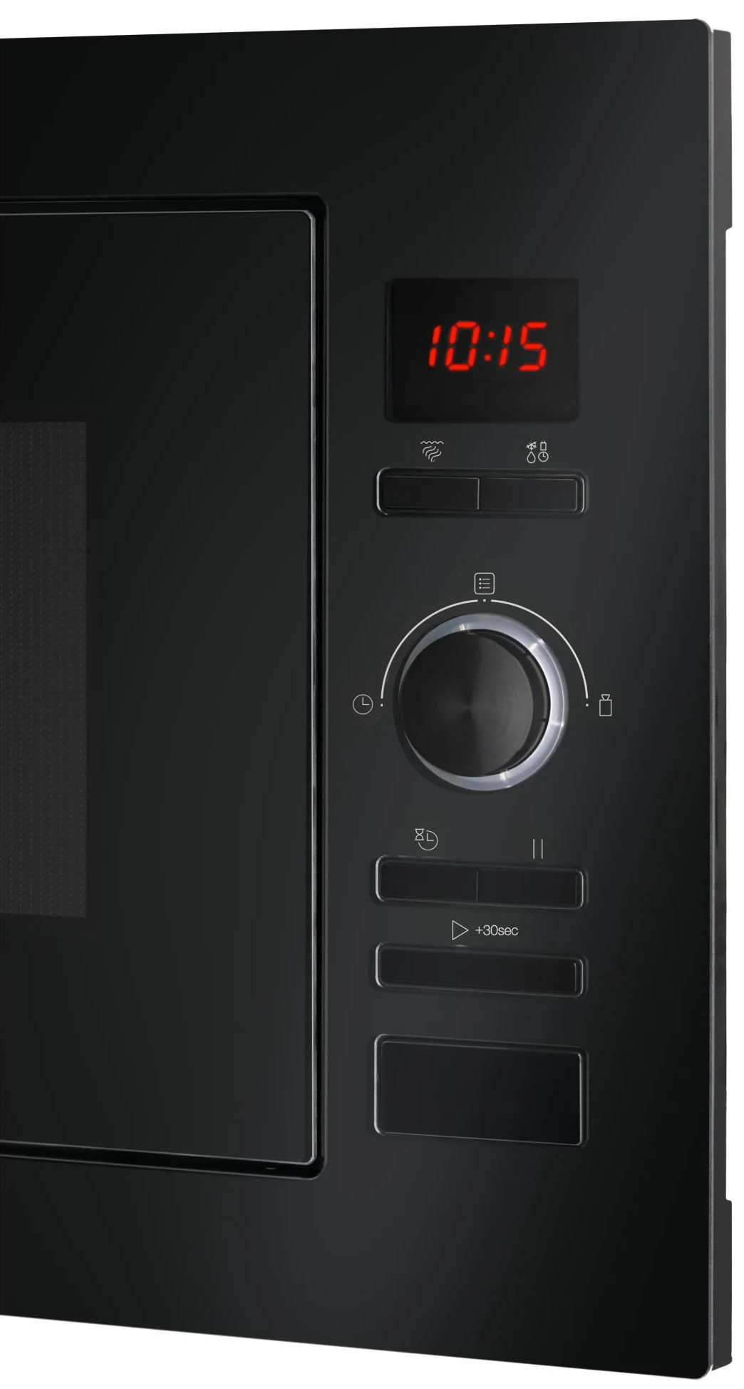 Czarny piekarnik mikrofalowy z wyświetlaczem cyfrowym pokazującym 10:15. Ma przyciski i pokrętło do sterowania.