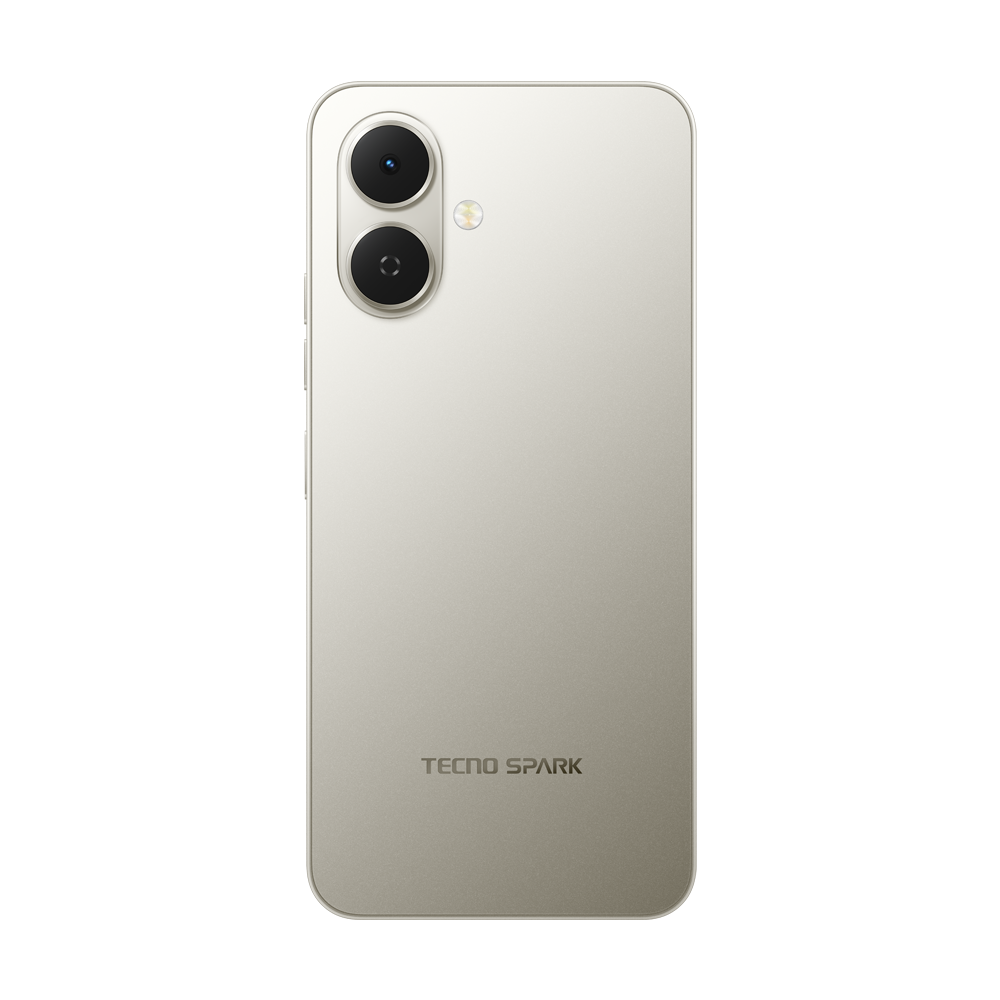 Bej renkli bir Tecno Spark akıllı telefonun arka görünümü, iki kamera lensi ve bir flaş ile. Marka adı görünür.