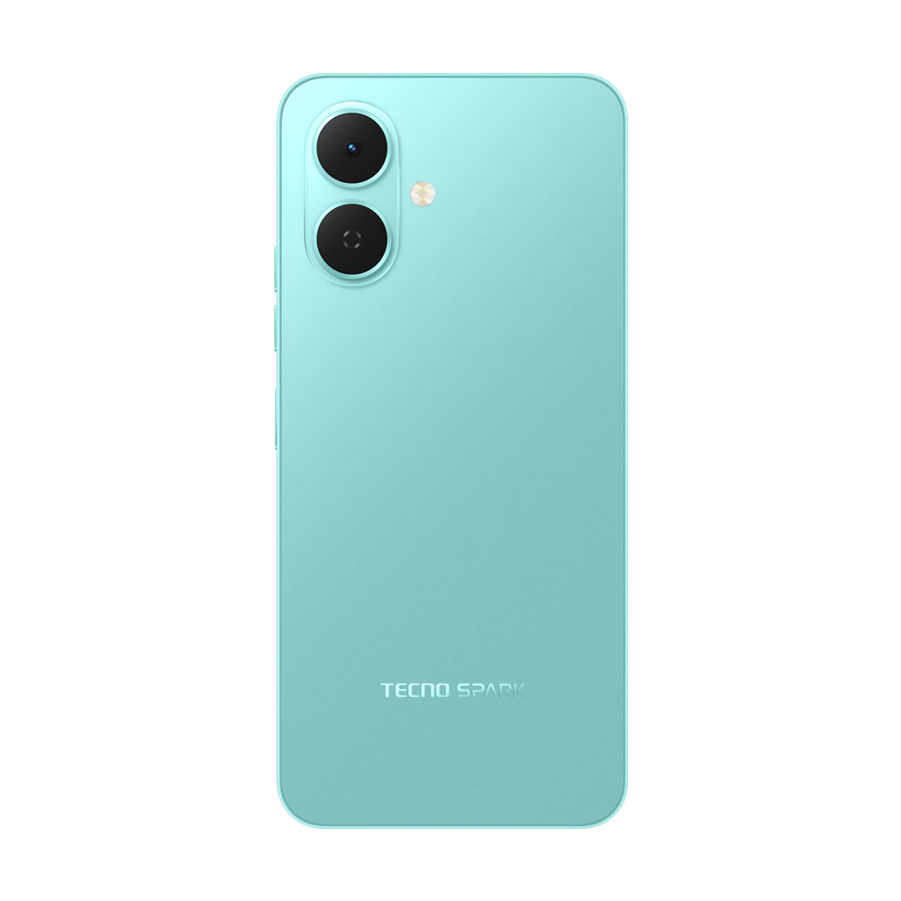 İki siyah kamera lensi, bir flaş ve altta 'TECNO SPARK' yazısı olan, turkuaz renkli bir akıllı telefonun arkası.