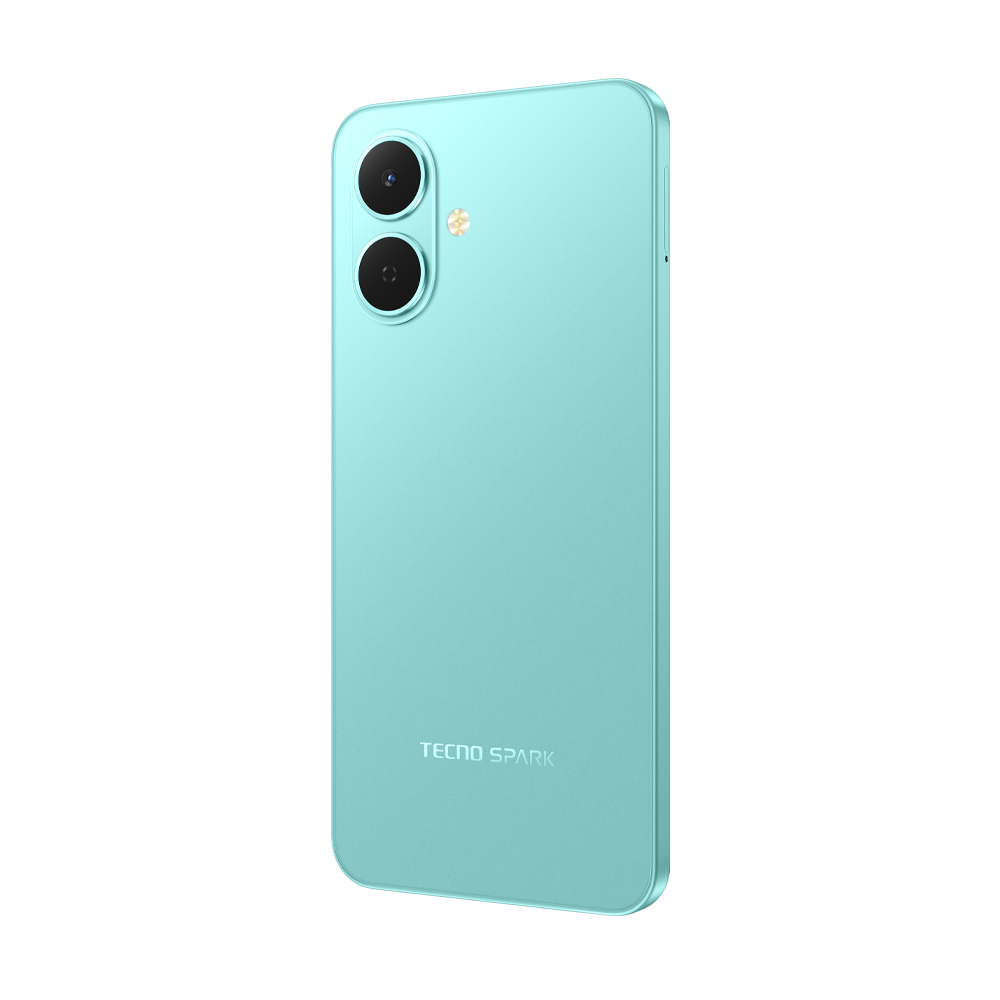 İki kamerası ve flaşı olan turkuaz bir akıllı telefon. Telefonda 'TECNO SPARK' yazısı var.