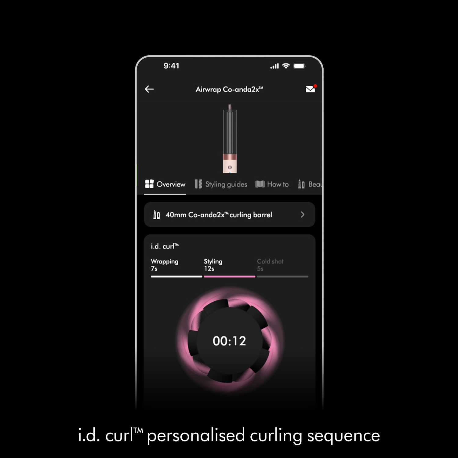 A phone screen displays a curling sequence. The screen shows settings for wrapping, styling, and cold shot. The timer shows 00:12.