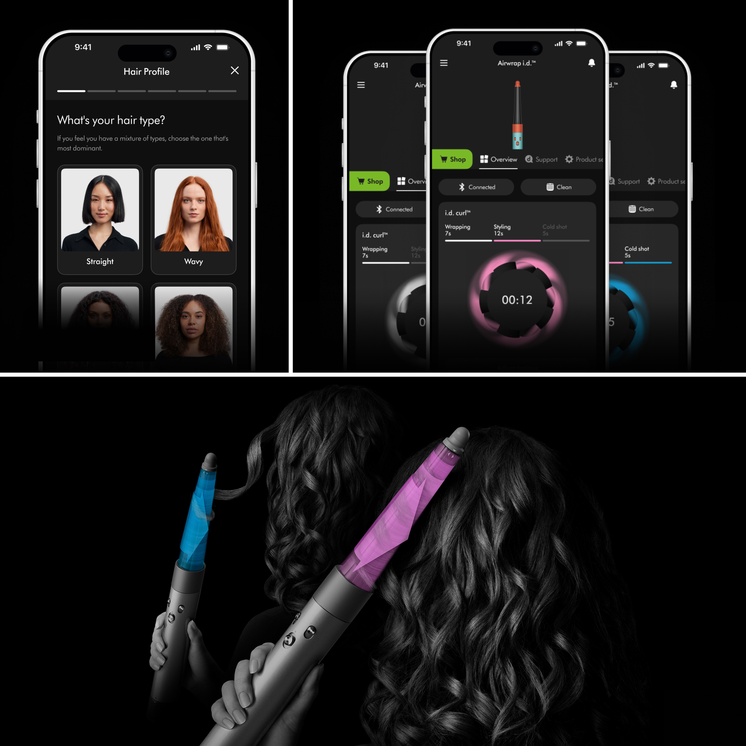 Screenshots of a hair styling app. One shows hair types. Others display styling options. Two stylers with colored lights curl hair.