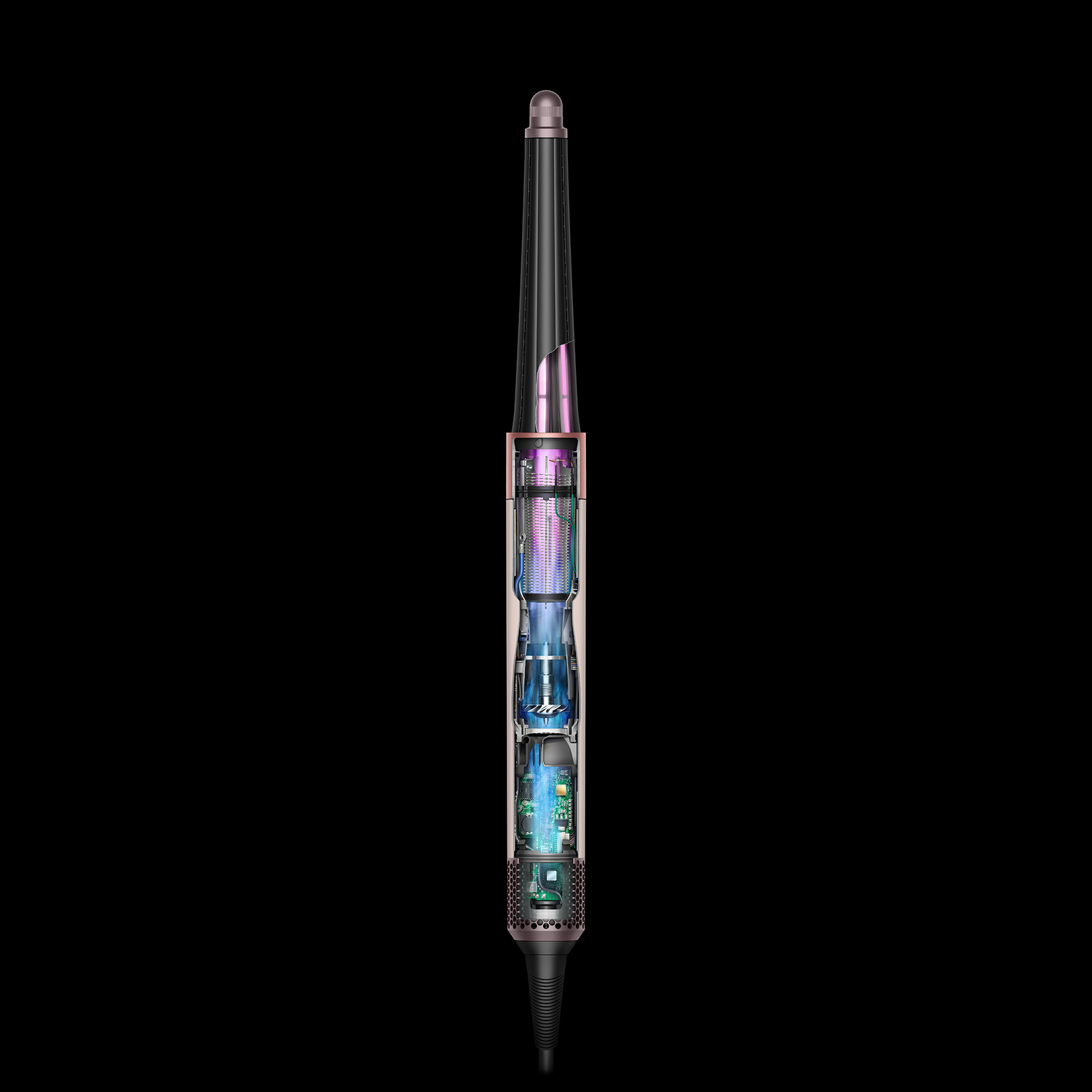 Cross-section of a styler, revealing internal components. Pink, blue, and silver elements are visible against a black background.