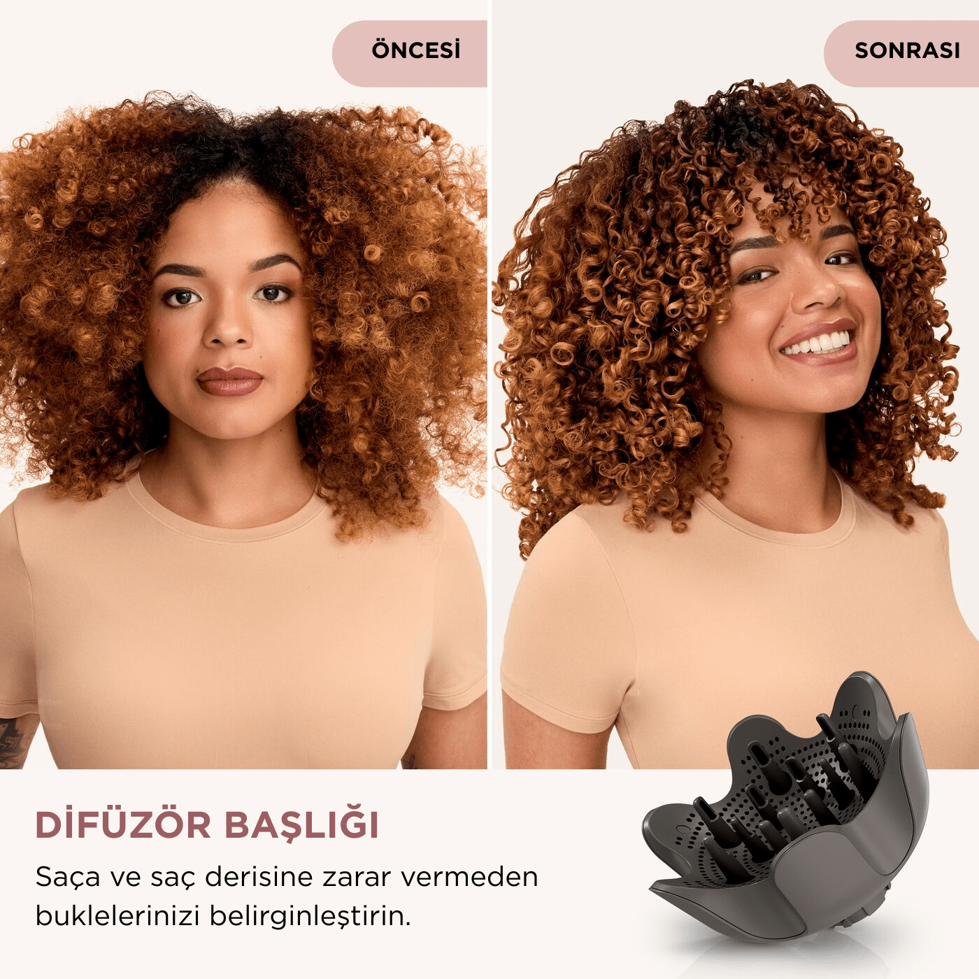 Görsel, kıvırcık saçların öncesi ve sonrasını gösteriyor. Önce: kabarık saç. Sonra: belirgin bukleler, mutlu kadın. Difüzör ön planda.