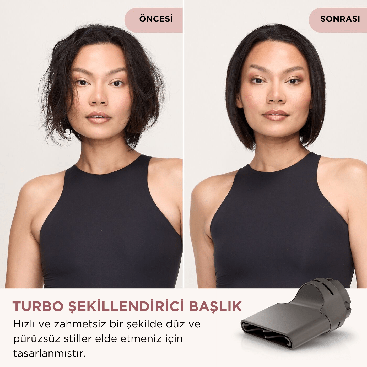 Kısa, koyu saçlı, siyah üstlü kadın. Dağınık saçtan pürüzsüz saça, önce ve sonra karşılaştırması. Bir saç kurutma makinesi başlığı gösteriliyor.