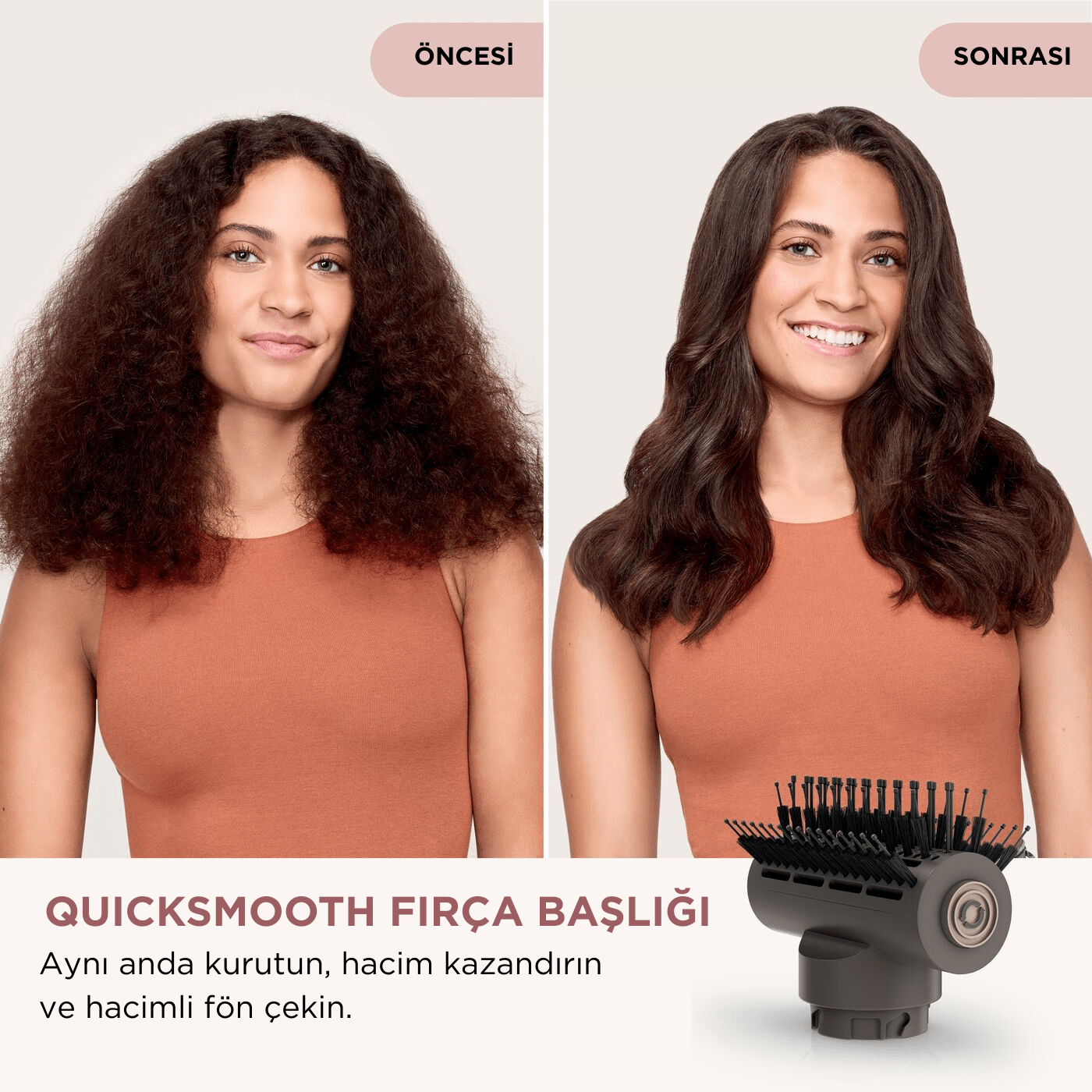 Önce ve sonra: Kabarık saçlı kadın, pürüzsüz, dalgalı saçlara dönüşüyor. Metin: Quicksmooth fırça başlığı, kurut, hacim ver ve aynı anda fön çek.