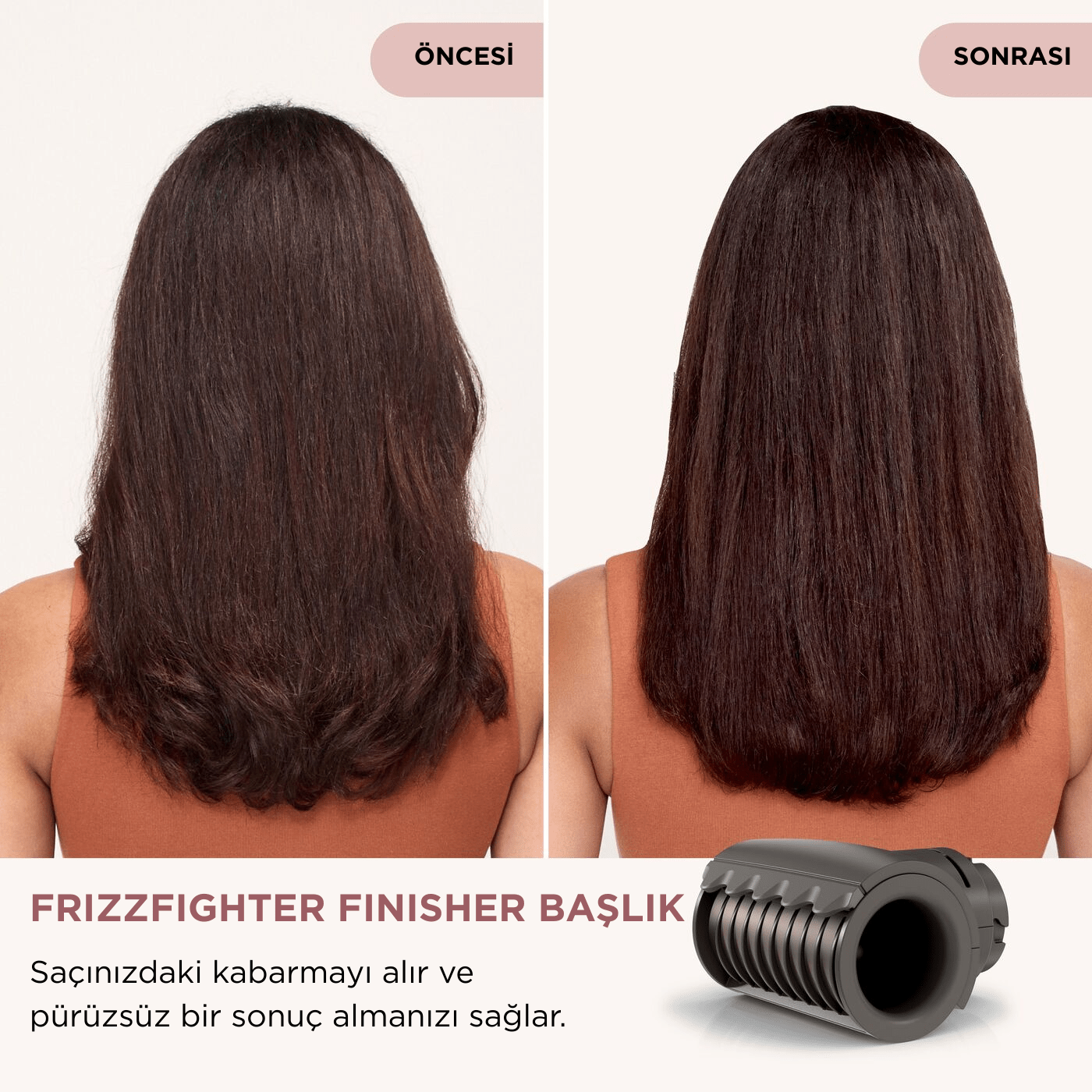 Görsel, bir saç şekillendirme aletinin kullanımından önce ve sonra saçı gösterir. Sağ taraf düz, düz saçları gösterir. Sol taraf kabarık saçları gösterir.