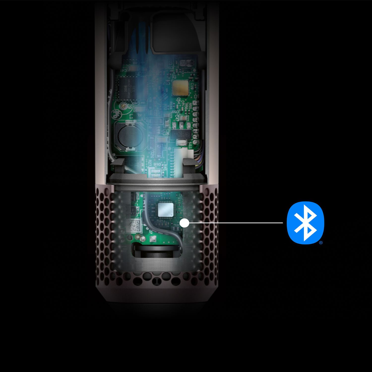 Cutaway view of a device showing internal circuit boards. A Bluetooth logo is on the right side.