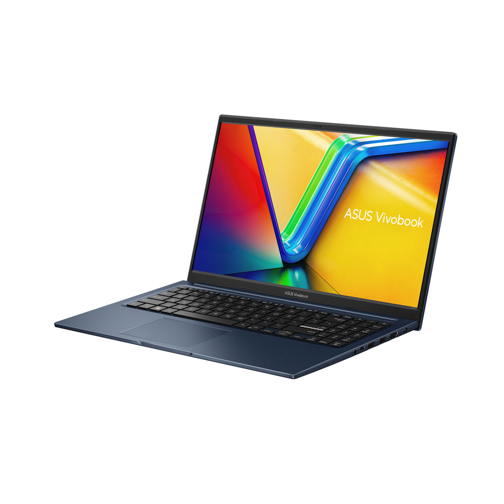 Mavi bir ASUS Vivobook dizüstü bilgisayar açılı olarak görüntüleniyor. Ekran renkli grafikler gösteriyor ve klavye siyah.